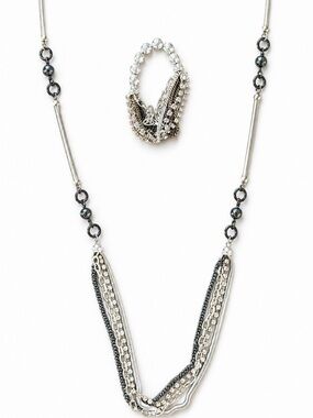 Silver & Gunmetal Multi-Strand Necklace + Stretch Bracelet Set | Statement Piece
